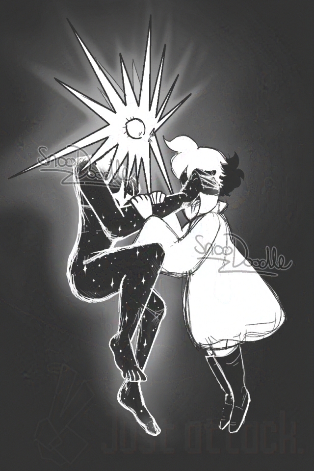 Loop and Siffrin from In Stars and Time floating in darkness together.