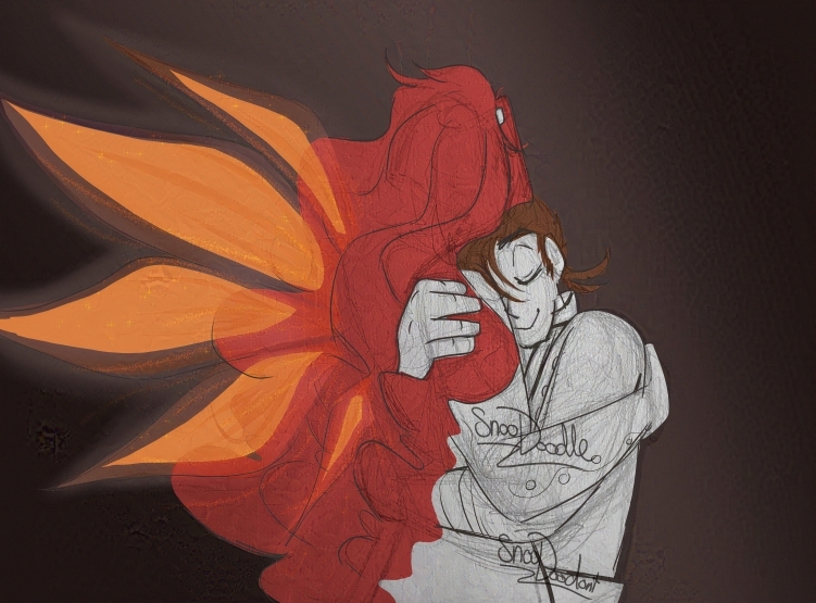 Zelos and Lloyd from Tales of Symphonia in a dimly-lit embrace, Zelos' orange wings lighting the scene.