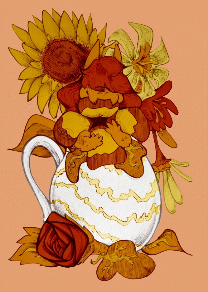 art of Tzun in a jug of flowers, happily munching on one of them in warm colours
