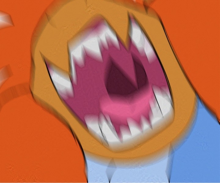 Extreme close-up of Tzun about to bite the viewer
