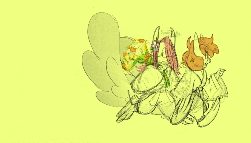 Tzun and Urama walking together carrying flowers